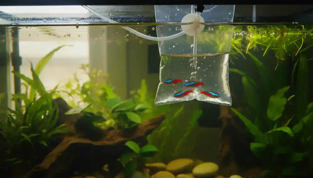 Vibrant glowing display aquarium with colorful ornamental fish