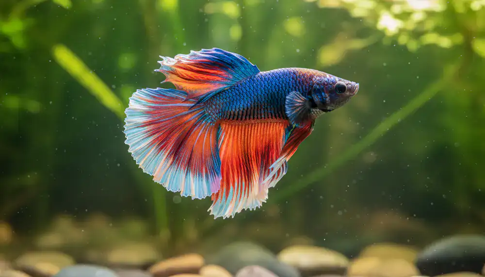 Vibrant blue and red Betta fish