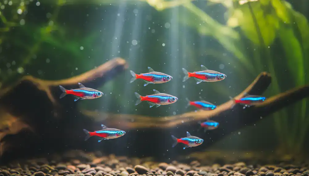 Vibrantly lit planted aquarium with schooling fish